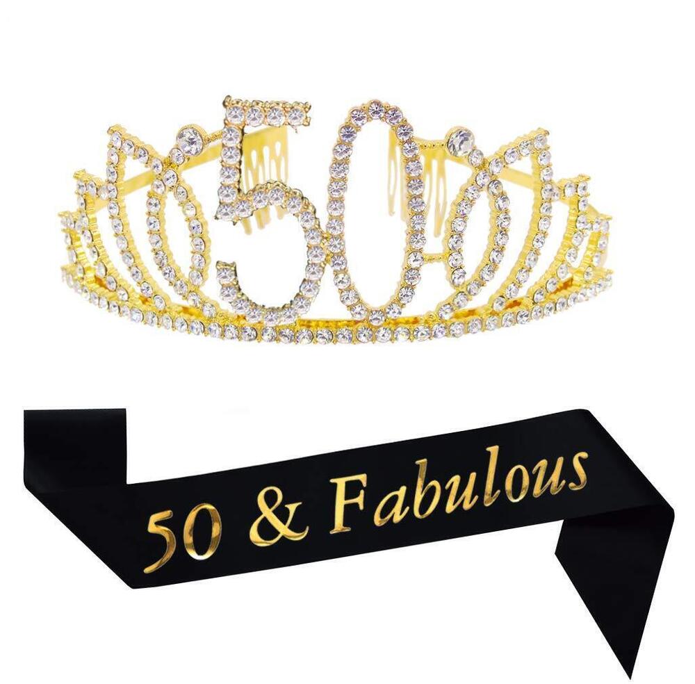 2054 50th Birthday Kit Gold Tiara and Sash Glitter Satin Sash and Crystal